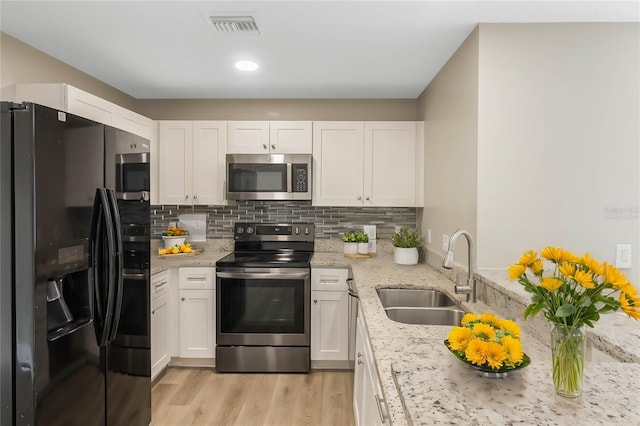 kitchen featuring stainless steel appliances, a sink, visible vents, white cabinetry, and tasteful backsplash