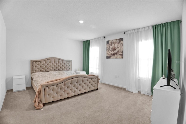 bedroom with a textured ceiling, carpet, and baseboards