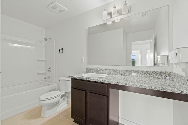 bathroom with shower / bath combination, visible vents, toilet, vanity, and tile patterned flooring