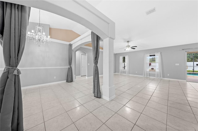 3303 Ann Arbor Ct, Saint Cloud, FL 34772 - spare room with baseboards, light tile patterned floors, visible vents, ceiling fan with notable chandelier, and arched walkways