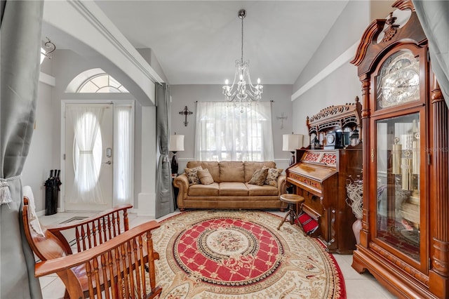 3303 Ann Arbor Ct, Saint Cloud, FL 34772 - interior space with light tile patterned floors, vaulted ceiling, and a notable chandelier