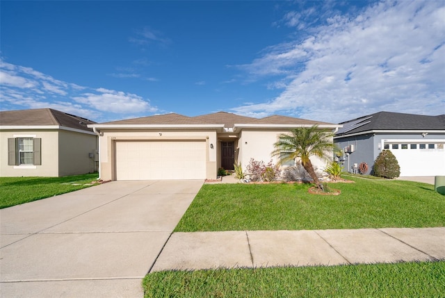 view of front facade featuring concrete driveway, a front lawn, an attached garage, and stucco siding