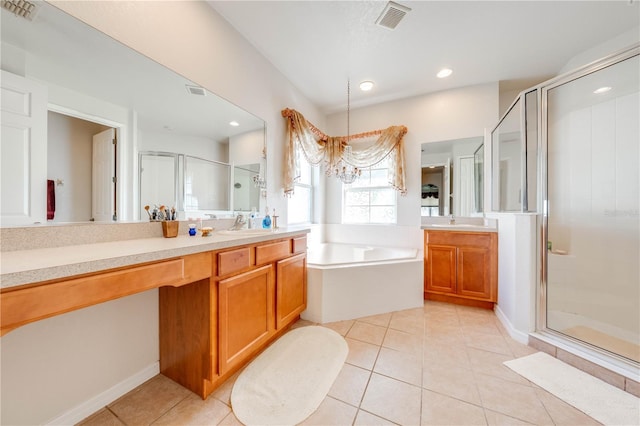 full bath featuring a bath, tile patterned flooring, a shower stall, and visible vents