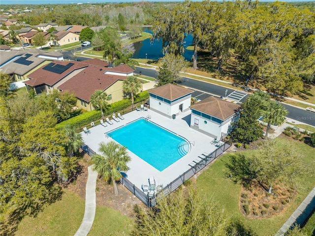 aerial view with a water view and a residential view