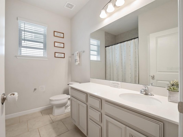 full bathroom featuring baseboards, visible vents, toilet, tile patterned floors, and vanity