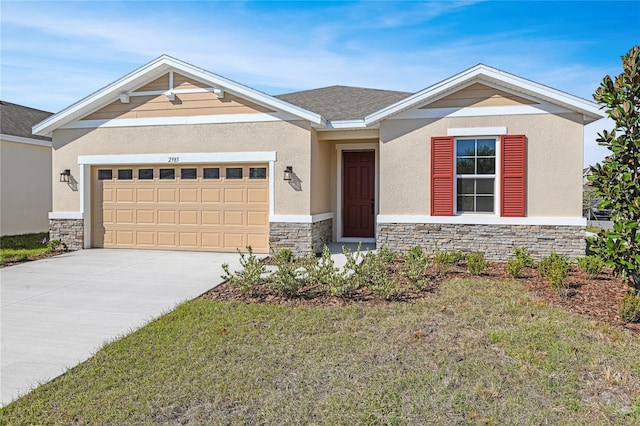 view of front facade featuring stucco siding, concrete driveway, a garage, stone siding, and a front lawn