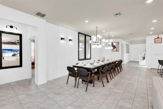 dining area featuring recessed lighting, visible vents, stairway, and light tile patterned floors