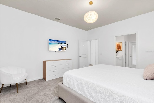 bedroom with light carpet, visible vents, and a notable chandelier