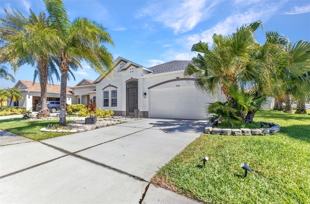 mediterranean / spanish home with stucco siding, an attached garage, concrete driveway, and a front yard