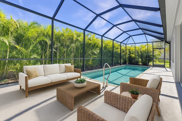 outdoor pool featuring outdoor lounge area, glass enclosure, and a patio