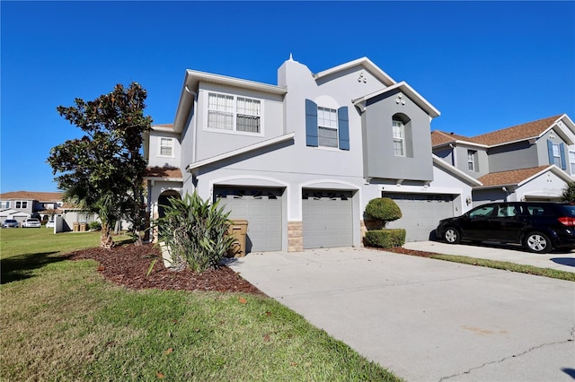 view of front of house with driveway, stucco siding, a front lawn, a garage, and a residential view