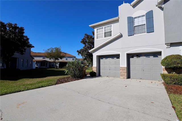 view of home's exterior featuring driveway, an attached garage, stucco siding, stone siding, and a lawn