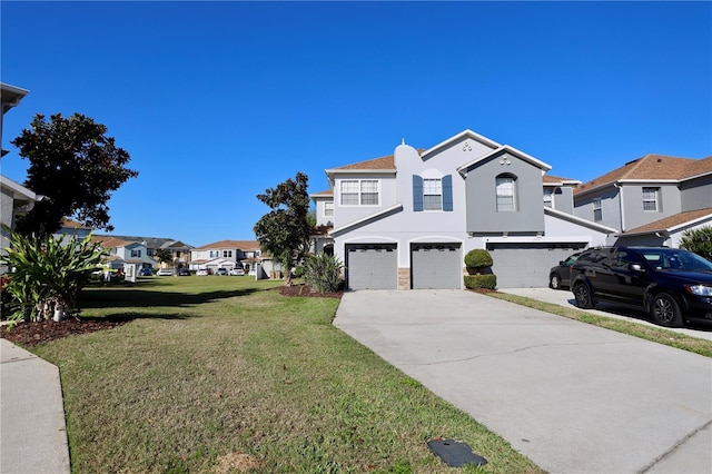 exterior space featuring a residential view, concrete driveway, and an attached garage