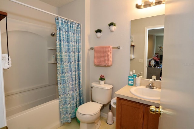 full bathroom with toilet, vanity, and shower / tub combo with curtain