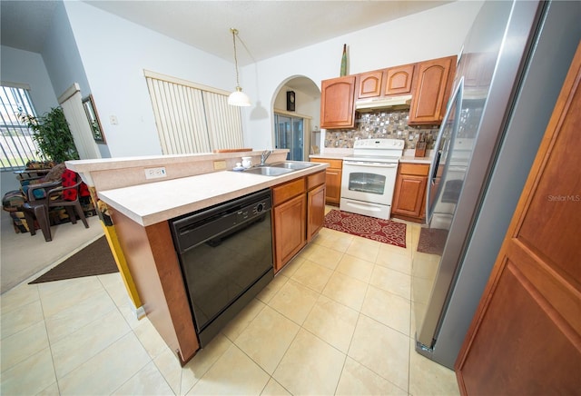 kitchen featuring light countertops, black dishwasher, decorative backsplash, white electric range, and a sink