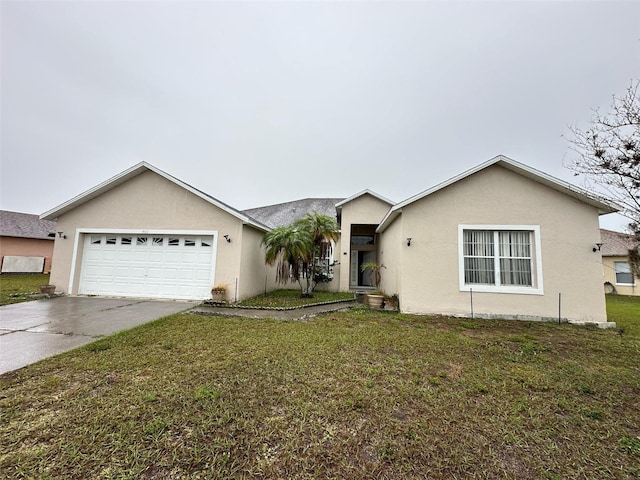 ranch-style home featuring stucco siding, an attached garage, concrete driveway, and a front lawn