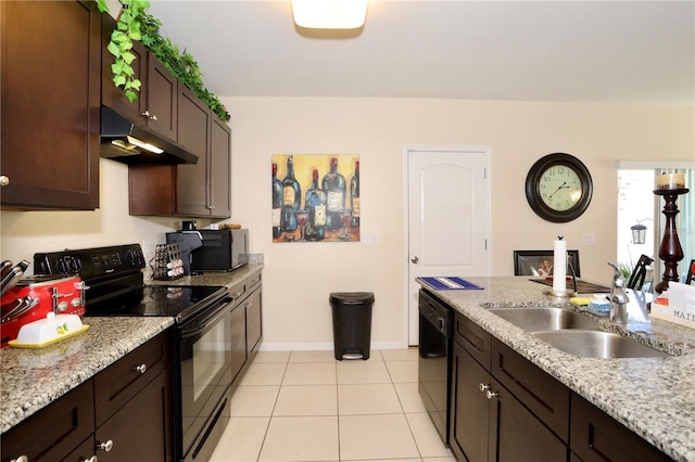 kitchen with under cabinet range hood, dark brown cabinets, black appliances, and a sink