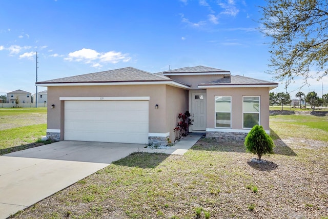 view of front of house featuring a garage, stone siding, driveway, and stucco siding