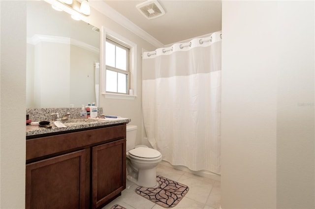 full bathroom featuring visible vents, toilet, ornamental molding, tile patterned flooring, and vanity