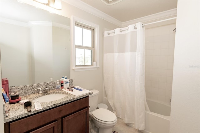 full bathroom with vanity, shower / bath combo with shower curtain, toilet, and crown molding