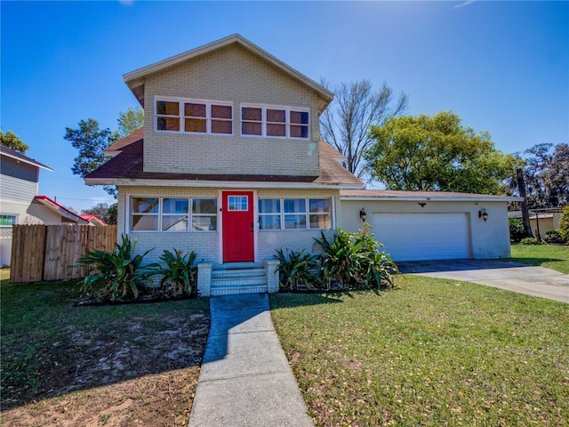 view of front of house with driveway, a garage, entry steps, fence, and a front lawn