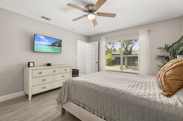 bedroom featuring visible vents, light wood-style floors, ceiling fan, a textured ceiling, and baseboards