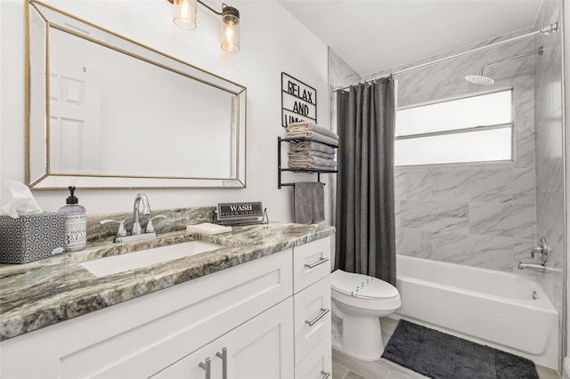 bathroom featuring toilet, shower / tub combo with curtain, and vanity