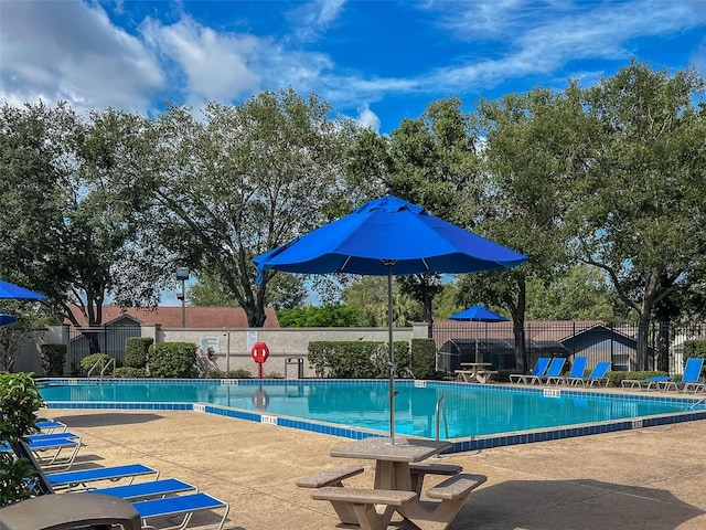 community pool featuring a patio and fence