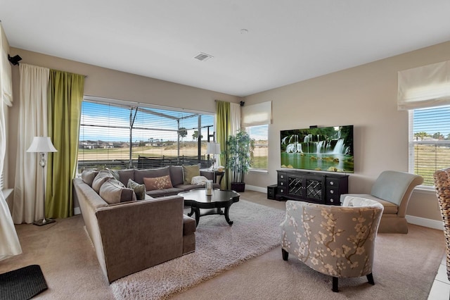 living room with baseboards, visible vents, and a healthy amount of sunlight