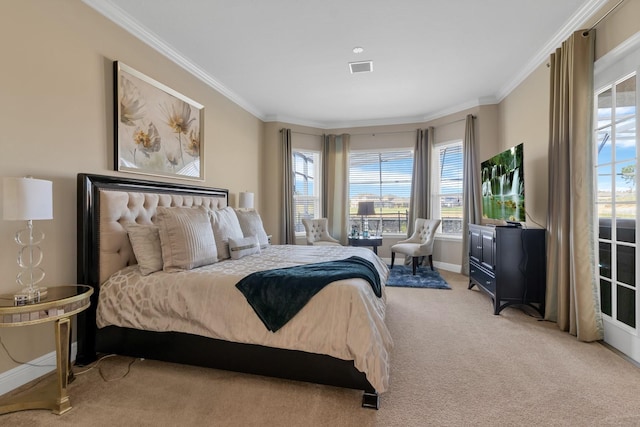 bedroom featuring carpet floors, baseboards, visible vents, and ornamental molding