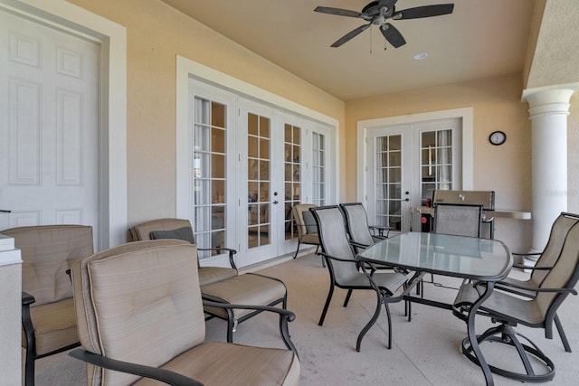 view of patio / terrace featuring a ceiling fan, french doors, and outdoor dining area