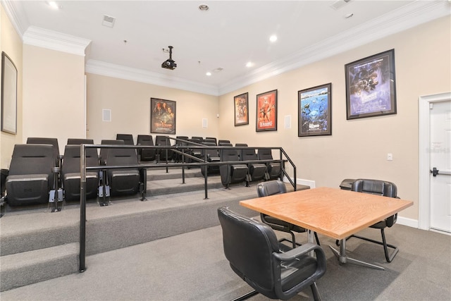 rec room featuring crown molding, recessed lighting, visible vents, carpet flooring, and baseboards