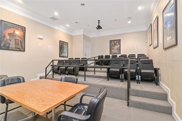 interior space with recessed lighting, baseboards, visible vents, and ornamental molding