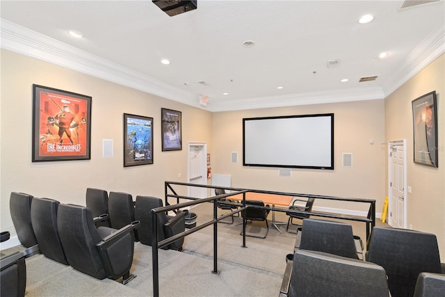 carpeted cinema room with baseboards, recessed lighting, visible vents, and crown molding