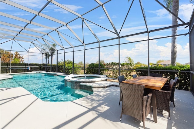 view of pool with a patio, outdoor dining space, a lanai, and a pool with connected hot tub