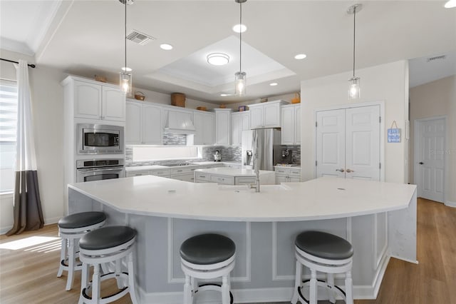 kitchen featuring a large island, visible vents, stainless steel appliances, and a raised ceiling