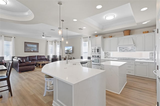 kitchen featuring light wood finished floors, stainless steel appliances, a center island with sink, and a raised ceiling