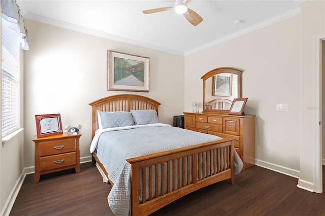 bedroom with ornamental molding, a ceiling fan, baseboards, and dark wood-style floors