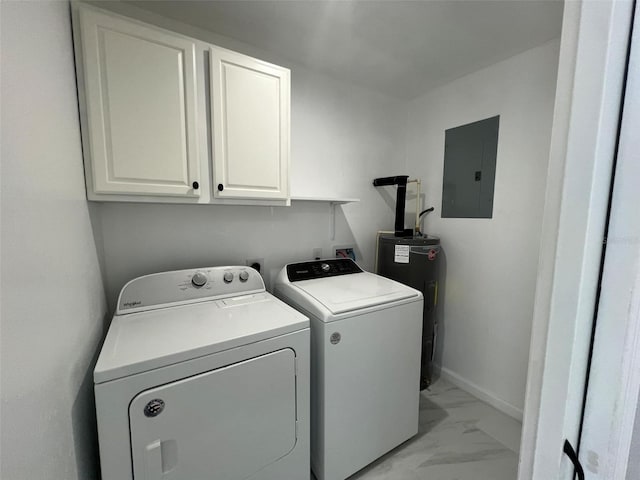 clothes washing area with marble finish floor, water heater, cabinet space, washer and dryer, and electric panel