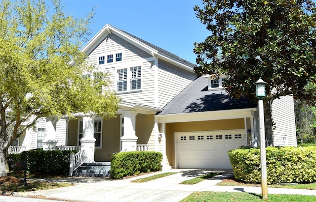 view of front of property featuring a porch, concrete driveway, an attached garage, and a shingled roof