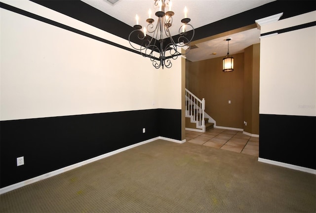 spare room with tile patterned flooring, baseboards, a chandelier, stairway, and carpet flooring