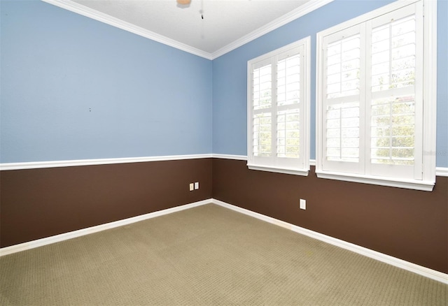 carpeted spare room featuring plenty of natural light, ceiling fan, baseboards, and ornamental molding