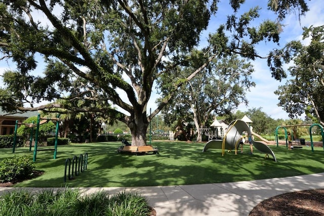 community jungle gym with a yard