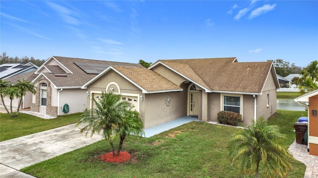 view of front of home with an attached garage, stucco siding, driveway, and a front yard