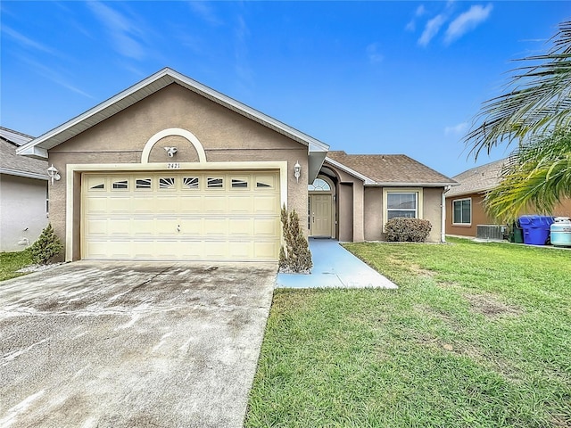 single story home featuring central air condition unit, stucco siding, an attached garage, driveway, and a front lawn