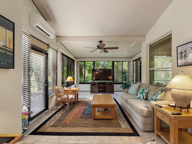 sunroom with a healthy amount of sunlight, a wall mounted air conditioner, lofted ceiling with beams, and ceiling fan