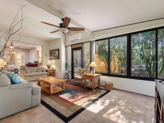 living area with lofted ceiling with beams, a wall mounted AC, and a ceiling fan