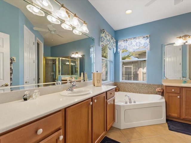 bathroom with vanity, ceiling fan, tile patterned flooring, a shower stall, and a bath