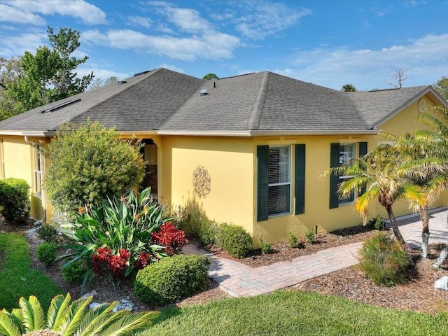 view of side of property featuring roof with shingles and stucco siding