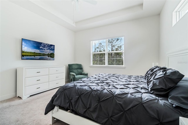 bedroom featuring a raised ceiling, multiple windows, and light carpet